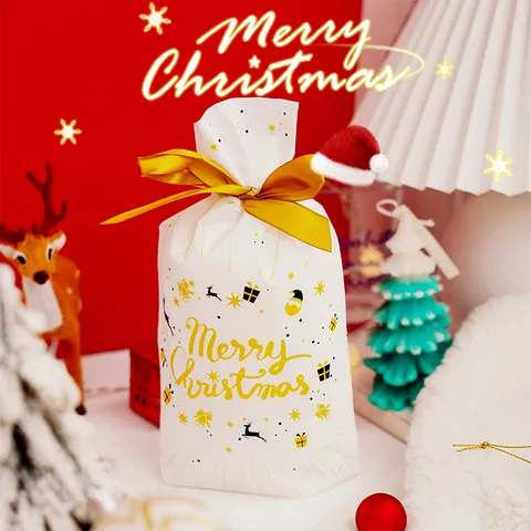Merry Christmas Drawstring Candy Bag Reindeer Snowflake Cookie Packaging Bag Ribbon Bow Gift Bag Holiday Treat Storage Pouch