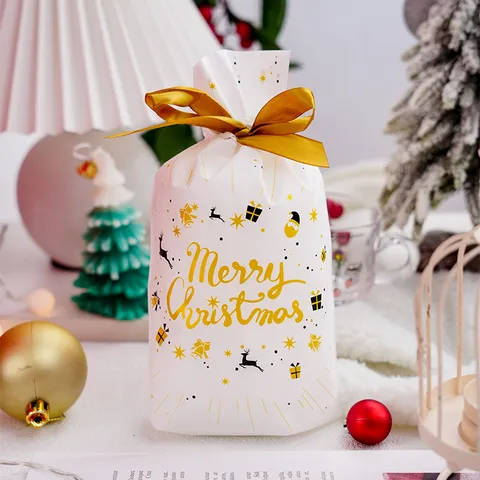 Merry Christmas Drawstring Candy Bag Reindeer Snowflake Cookie Packaging Bag Ribbon Bow Gift Bag Holiday Treat Storage Pouch