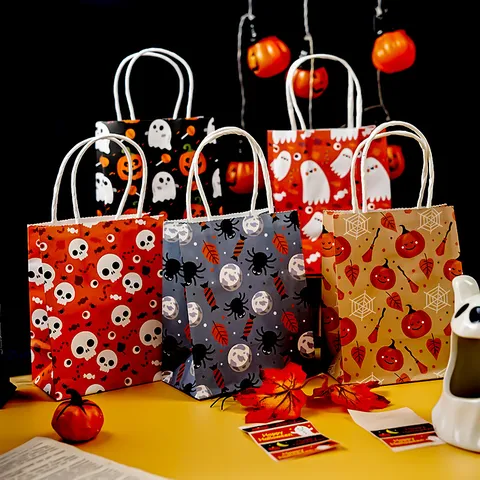 Halloween Kraft Paper Gift Bags Creative Cartoon Pumpkin Ghost Trick Or Treat Packaging Tote Bags For Holiday Party Candy Bag