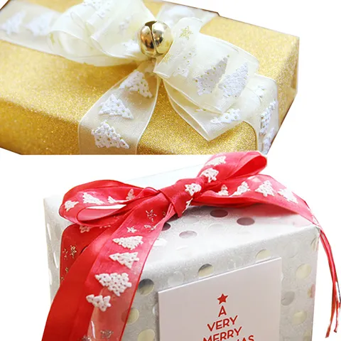 Christmas Organza Ribbon Christmas Tree Star Pattern Bronzing Ribbon For Gift Box Wrapping Packaging Festive Party Decor