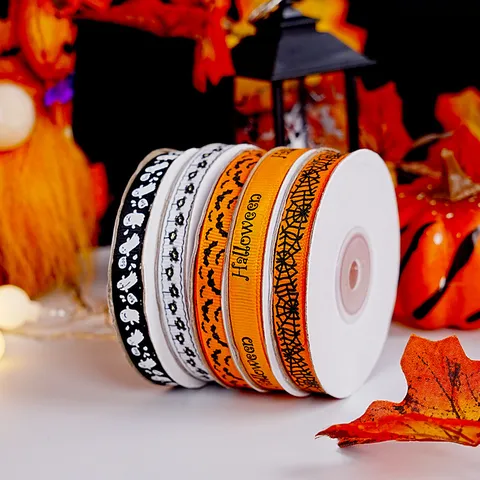Κορδέλα Grosgrain Halloween Φάντασμα Κολοκύθα Ιστός Αράχνης Τυπωμένες Κορδέλες για Περιτύλιγμα Δώρων Χειροτεχνία DIY Γιορτινή Διακόσμηση Πορτοκαλί Μαύρο Λευκό