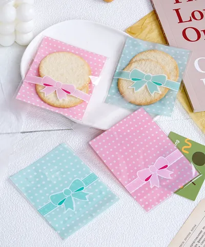 Cute Cartoon Bowknot Polka Dot Self Adhesive Packaging Bag For Cookies Candy Gift Pack Plastic Packing Pouch Bags Bakery Treats Favor Pouch