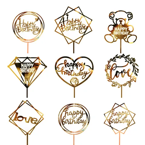 Decorazione per Torte Happy Birthday in Acrilico Specchio Oro Design Geometrico Topper per Festa di Compleanno Bambini Accessori da Forno