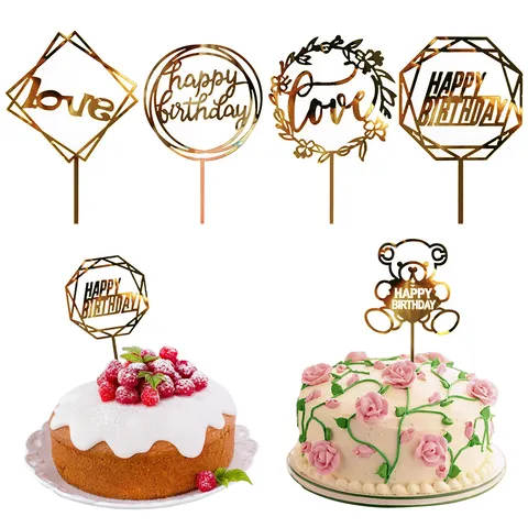 Decorazione per Torte Happy Birthday in Acrilico Specchio Oro Design Geometrico Topper per Festa di Compleanno Bambini Accessori da Forno
