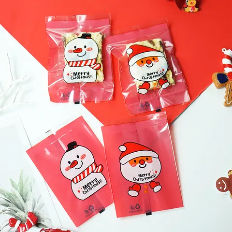 Christmas Plastic Food Packaging Bags Cartoon Santa Claus Snowman Printed Heat Seal Gift Bags For Bakery Biscuit Cookie Snack Packing Supplies