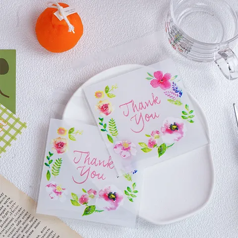Frische Florale Selbstklebende Cellophan Verpackungsbeutel Aquarell Blumen Thank You Bedruckte Plastik Kekse Süßigkeiten Hochzeit Party Geschenkverpackung Tüten
