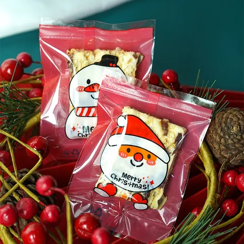 Christmas Plastic Food Packaging Bags Cartoon Santa Claus Snowman Printed Heat Seal Gift Bags For Bakery Biscuit Cookie Snack Packing Supplies