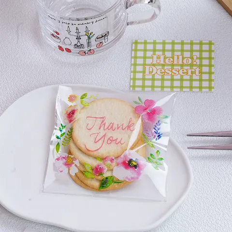 Frische Florale Selbstklebende Cellophan Verpackungsbeutel Aquarell Blumen Thank You Bedruckte Plastik Kekse Süßigkeiten Hochzeit Party Geschenkverpackung Tüten