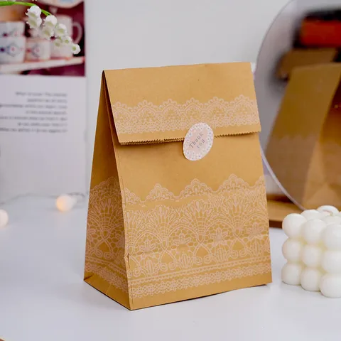 Sacchetti Regalo in Carta Kraft Vintage Con Motivo a Pizzo Bianco Chiusura a Piega Piccola Scatola da Confezione per Festa Matrimonio Dolci Ricordo