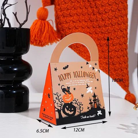 Halloween Paper Gift Candy Box Cartoon Pumpkin Pattern Handle Treat Bag Cookie Nougat Packaging Box Festive Party Decoration Supplies