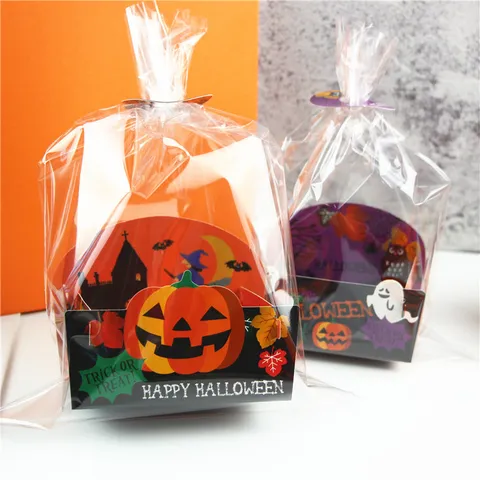 Halloween Baking Food Packaging Bag Set Cute Ghost Pumpkin Castle Printed Transparent Treat Bag With Paper Cards Holder For Party Candy Biscuit Gift Wrapping
