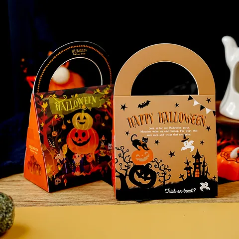 Halloween Paper Gift Candy Box Cartoon Pumpkin Pattern Handle Treat Bag Cookie Nougat Packaging Box Festive Party Decoration Supplies