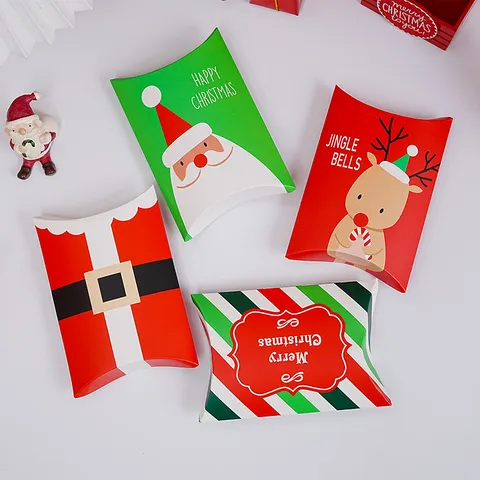 Scatole Regalo a Cuscino di Natale Babbo Natale Renna Scatole di Carta Stampata per Confezioni di Caramelle al Torrone di Biscotti Decorazione delle Vacanze