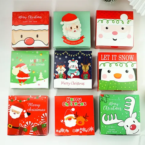 Christmas Cartoon Pattern Paper Packaging Gift Box For Candy Nougat Nut Holiday Present Decorative Printed Square Paper Favor Box Party Supplies