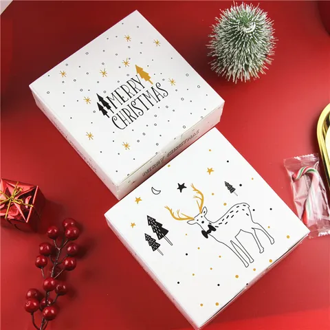 Boîte Cadeau Alimentaire en Carton de Noël Carrée Imprimé Renne Sapin Boîte d'Emballage pour Nougat Fête Vacances Souvenirs Rangement