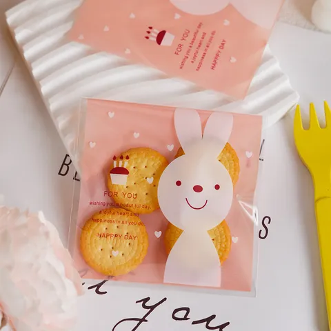 Cute Cartoon Pink Rabbit Self Adhesive Packaging Bag For Baking Cookie Candy Gift Package Decorative Storage Bags Universal Accessory