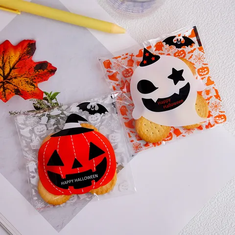 Halloween Plastic Candy Bags Cute Cartoon Pumpkin Ghost Self Adhesive Packaging Pouch For Cookie Biscuit Treat Gift Pack Favors