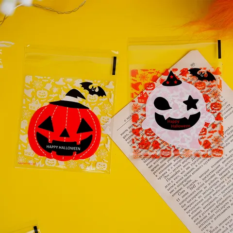 Halloween Plastic Candy Bags Cute Cartoon Pumpkin Ghost Self Adhesive Packaging Pouch For Cookie Biscuit Treat Gift Pack Favors