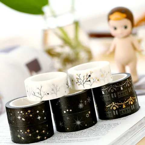 Nastro Washi Bianco Nero Minimalista Stampa a Caldo Oro Argento Decorativo Scrapbooking Diario Nastri Mascheratura Carta Artigianale Strappo