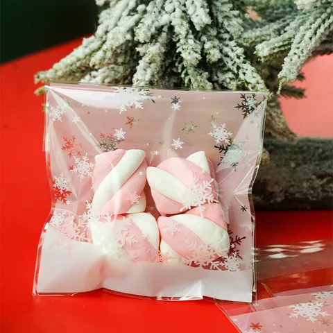Christmas Plastic Self Adhesive Bag Pink Base White Snowflake Printed Cookie Biscuit Candy Wrapping Present Gift Storage Bag For Holiday Party Decoration