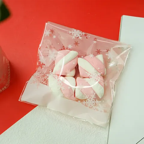 Christmas Plastic Self Adhesive Bag Pink Base White Snowflake Printed Cookie Biscuit Candy Wrapping Present Gift Storage Bag For Holiday Party Decoration