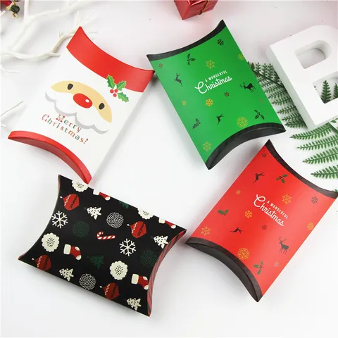 Scatola Regalo a Cuscino di Natale Babbo Natale Alce Stampato Cartoncino Confezione per Caramelle Biscotti Regalo di Festa