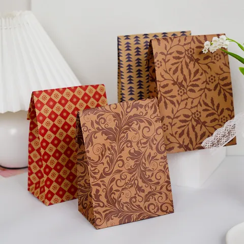 Vintage Kraft Paper Gift Bags With Botanical Leaves Geometric Pattern Flat Open Pocket Shopping Goodie Bag For Wedding Party Retail Pack