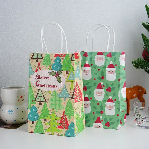 Christmas Santa Claus Tree Paper Gift Bags Festive Treat Packaging Tote Handle Pouch For Holiday Winter Party Celebrations