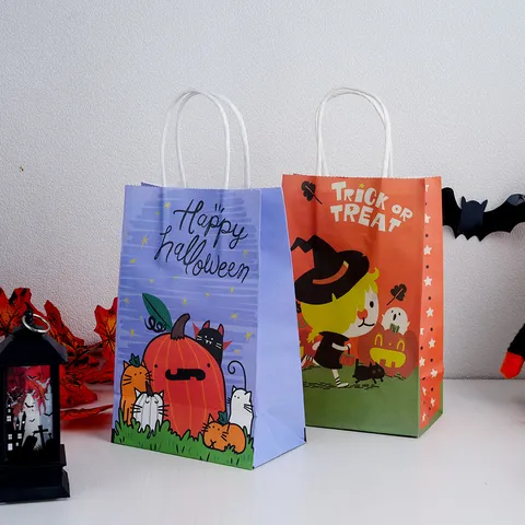 Halloween Cartoon Kraft Paper Gift Bags With Handles Cute Pumpkin Witch Black Cat Prints Candy Treats Packing Paper Tote Bag For Festival Party Goodies Storage