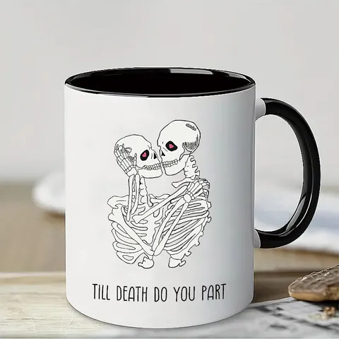 Gothic Skeleton Couple Ceramic Coffee Mug Till Death Do Us Part Printed Color Block Halloween Christmas Gift Novelty Drinkware Mug