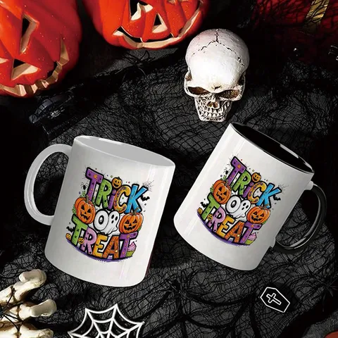 Halloween Trick Or Treat Bone China Mug Pumpkin Ghost Lettering Print Heat Resistant Ceramic Coffee Cup For Party Tableware Decor Gift