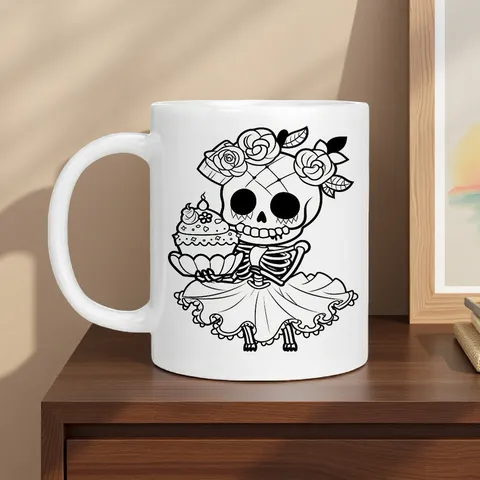 Tazza in Porcellana d Ossa Gotica Con Teschio di Zucchero Catrina Tazza da Caffè Arte Popolare Messicana Resistente al Calore Monostrato Con Manico Bianco Nero Tazza in Ceramica Ufficio