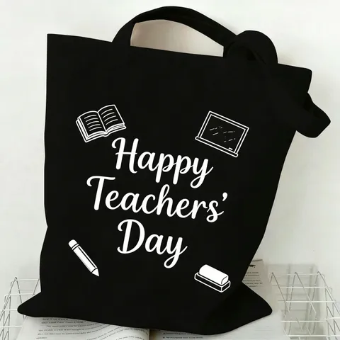 Teachers Day Canvas Tote Bag Large Capacity Funny Slogan Printed Handbag Casual Shoulder Book Bag Gift For Teacher Students