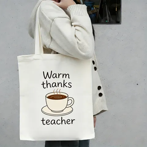 Large Capacity Canvas Tote Bag Casual Printed Handbag Everyday School Shoulder Bag For Teachers Day Gift Student Book Pouch