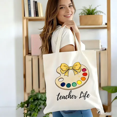 Vintage Canvas Einkaufstasche Grosse Kapazitaet Bedruckte Schulterhandtasche Fuer Lehrertag Geschenk Student Schule Offene Tasche