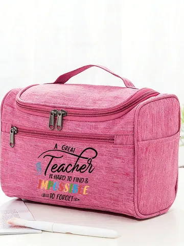Casual Printed Polyester Makeup Bag With Handle Zipper Portable Storage Bag For Women Teacher Gift Travel Organizer