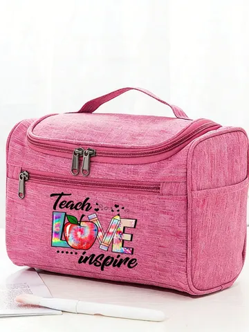Casual Printed Polyester Makeup Bag With Handle Zipper Portable Storage Bag For Women Teacher Gift Travel Organizer