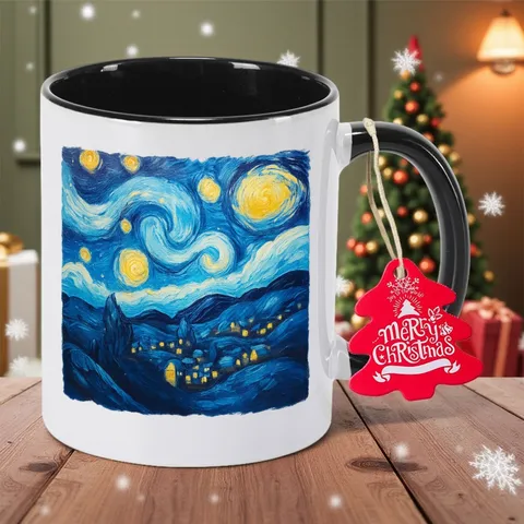 Van Gogh Starry Night Artistic Bone China Coffee Mug With Christmas Hanging Tag Oil Painting Print Ceramic Tea Cup For Office Home Holiday Gift