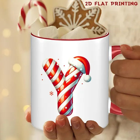 Christmas Bone China Mug With Candy Cane Alphabet Print Gold Trim Ceramic Coffee Tea Cup Holiday Daily Office Drinkware Gift