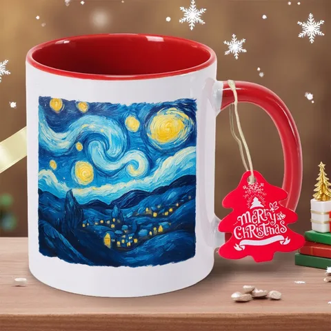 Van Gogh Starry Night Artistic Bone China Coffee Mug With Christmas Hanging Tag Oil Painting Print Ceramic Tea Cup For Office Home Holiday Gift