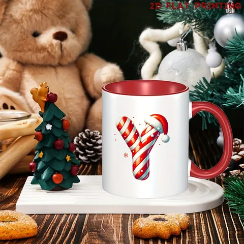 Christmas Bone China Mug With Candy Cane Alphabet Print Gold Trim Ceramic Coffee Tea Cup Holiday Daily Office Drinkware Gift