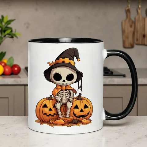 Gothic Halloween Ceramic Coffee Mug Cute Skull Pumpkin Witch Hat Bat Print Bone China Water Cup Office Party Drinkware Gift