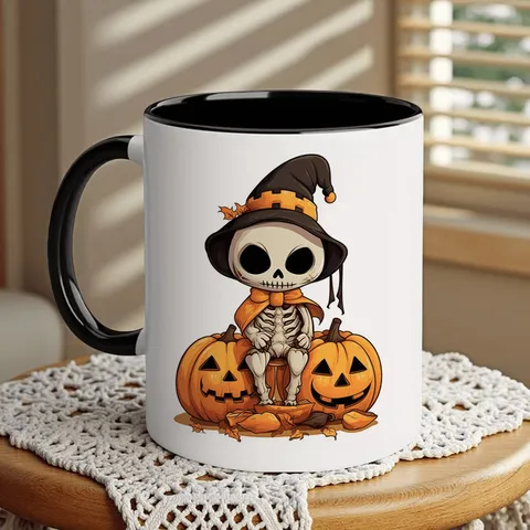Gothic Cute Skull Jack-O'-Lantern Bone China Coffee Mug With Witch Hat Bat Design Halloween Cartoon Ceramic Water Cup For Home Office Party Decor Gift