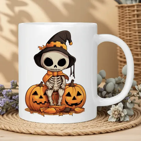Gothic Cute Skull Jack-O'-Lantern Bone China Coffee Mug With Witch Hat Bat Design Halloween Cartoon Ceramic Water Cup For Home Office Party Decor Gift