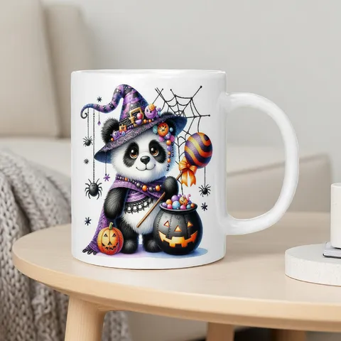 Halloween Cartoon Panda Hexe Knochenporzellan Becher Hitzebeständig Zylindrisch Sublimationsdruck Keramik Kaffee Tee Milch Wasser Tasse Für Zuhause Büro Geschenk