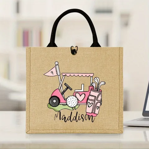 Golf Thema Jute Tote Bag Retro Geweven Textuur Bedrukt Herbruikbare Boodschappen Handtas Voor Sportliefhebbers Dagelijkse Match