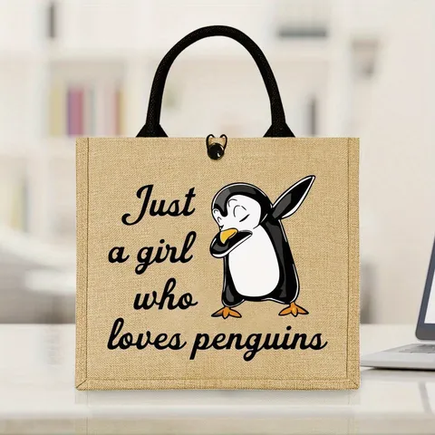 Cute Cartoon Penguin Printed Linen Tote Bag Durable Large Capacity Straw Burlap Jute Handbag For Outdoor Picnic Party Women Bag