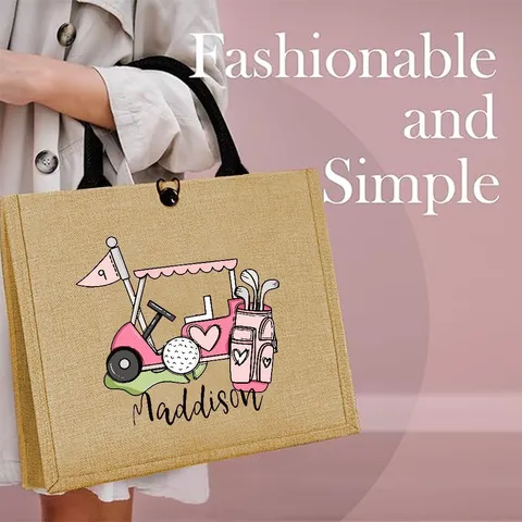 Golf Thema Jute Tote Bag Retro Geweven Textuur Bedrukt Herbruikbare Boodschappen Handtas Voor Sportliefhebbers Dagelijkse Match