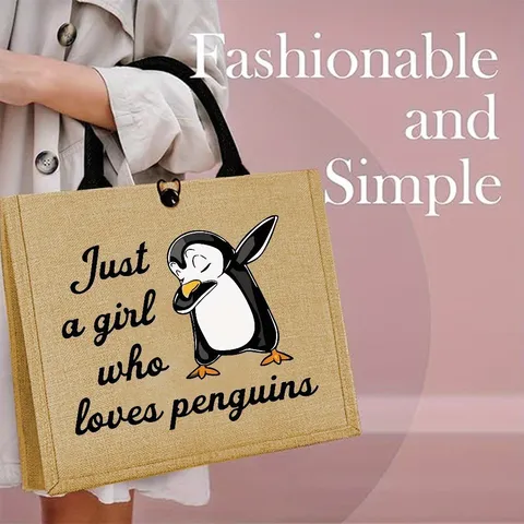 Cute Cartoon Penguin Printed Linen Tote Bag Durable Large Capacity Straw Burlap Jute Handbag For Outdoor Picnic Party Women Bag