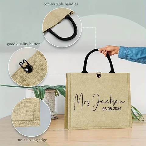 Minimalist Linen Tote Bag Vintage Burlap Handbag Letter Print Top-Handle Shopping Beach Bag For Women Wedding Gift